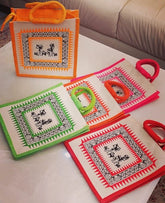 Jute Bags with Contrast Print for Return Gifts Thamboolam Bags Wedding Gifts Lunch Bag Multicolor 10*9*4 inches Gifts